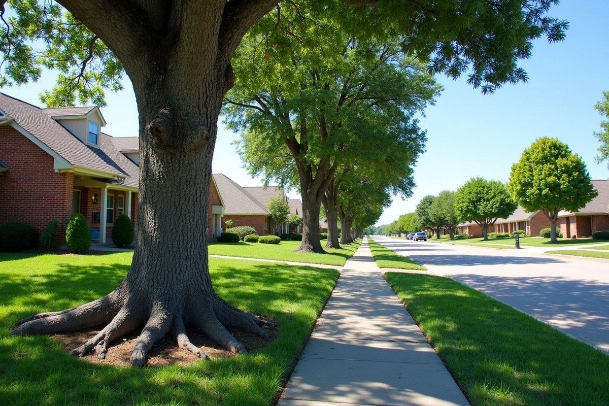 Live oak trunk standing in the grass strip between a sidewalk and a curb on a Houston street