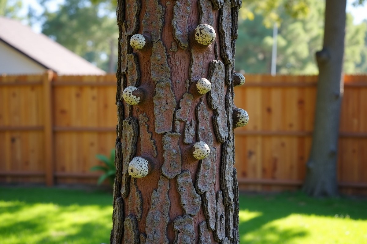 Close view of the bark of a loblolly pine in a Houston-area back yard with small hardened sap clumps from bark beetle attack