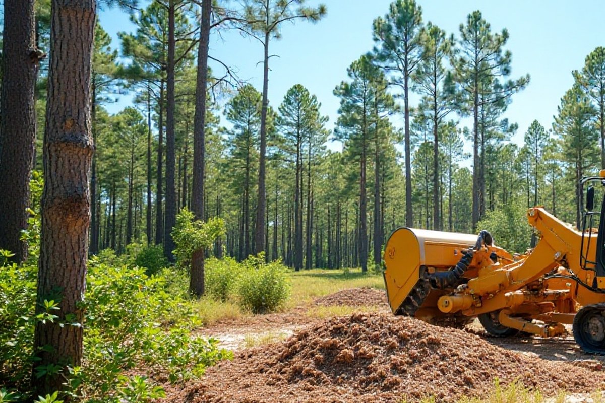 Mulcher at the edge of a pine woods lot