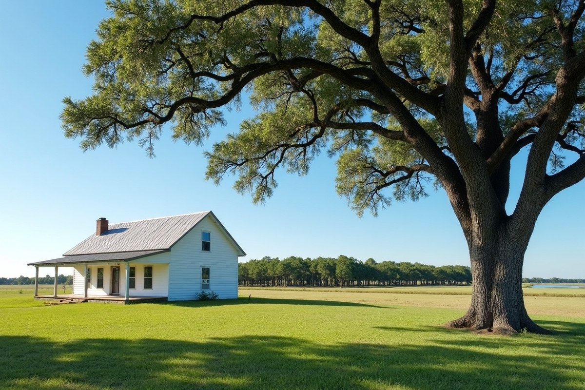 Mature pecan trees with spreading limbs over a back yard near the Brazos River bottomland