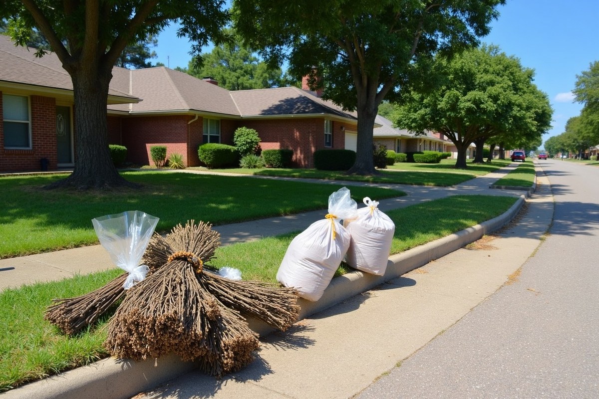 Neatly tied bundles of short cut branches at the curb of a Richmond, Texas home on collection day