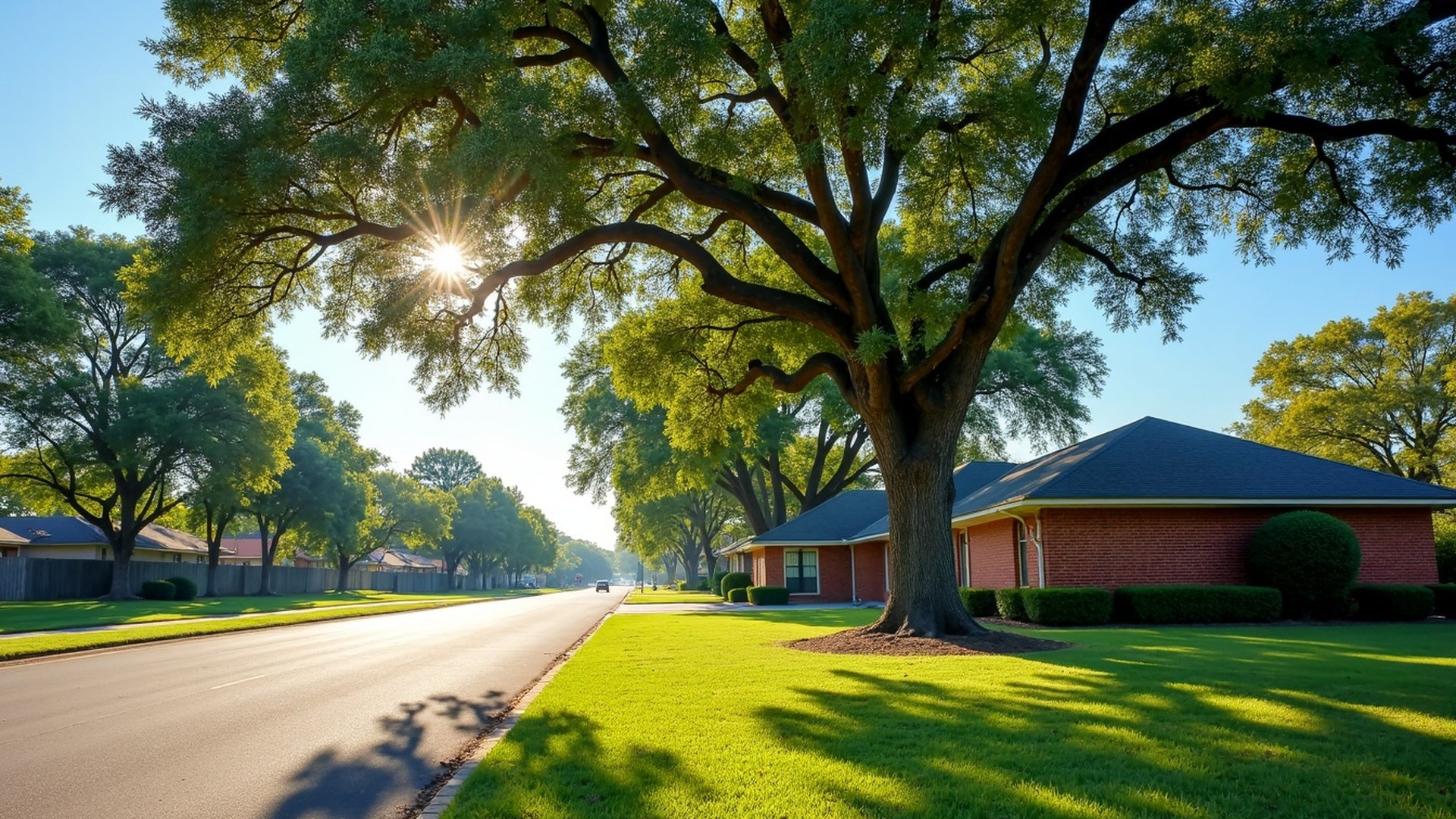 Tall pecan and oak trees shading a brick ranch home on a flat Fort Bend County street near the Brazos River