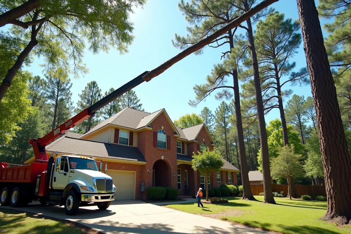Tree crew truck parked in front of a two-story home under tall pines in a Houston suburb