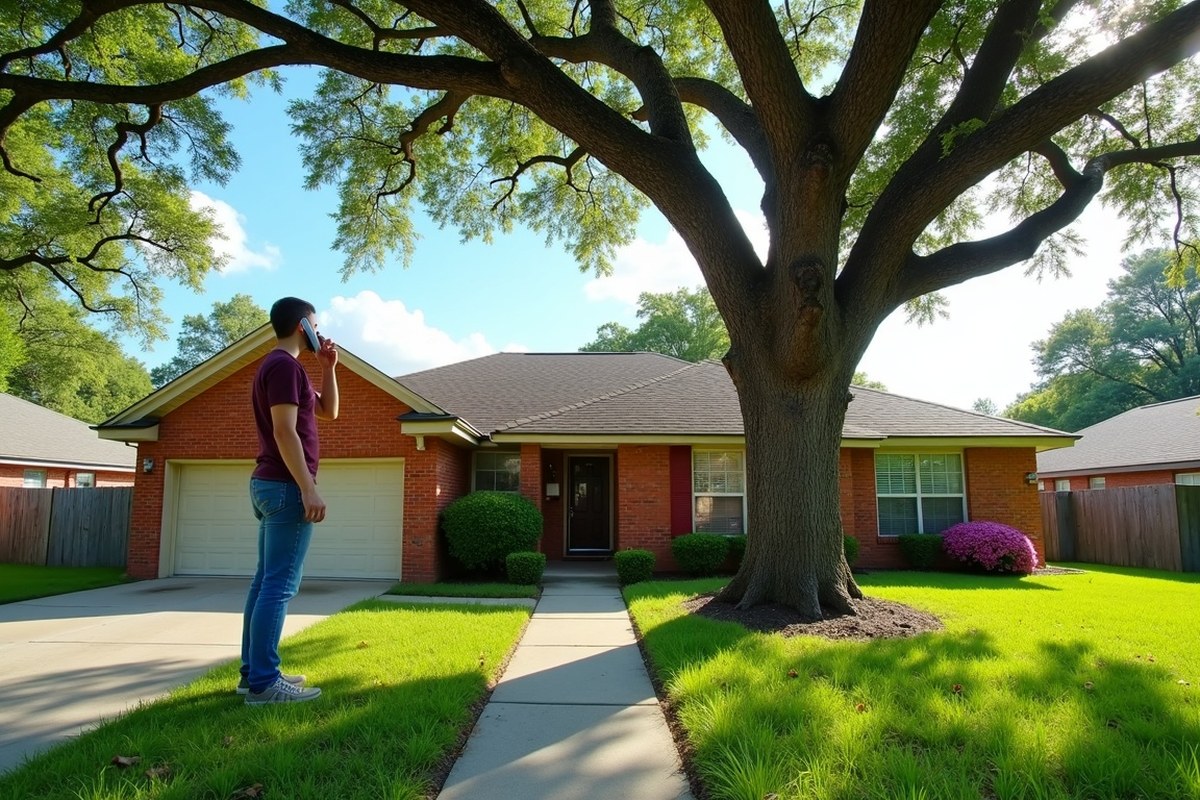 Homeowner on the phone in a suburban Houston front yard beside a young live oak