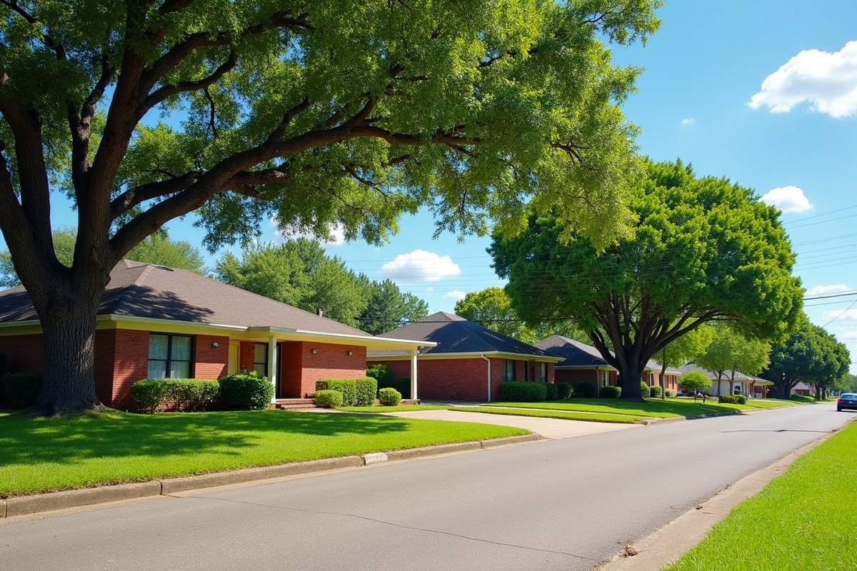Large oak growing beside overhead power lines on a residential street near Houston