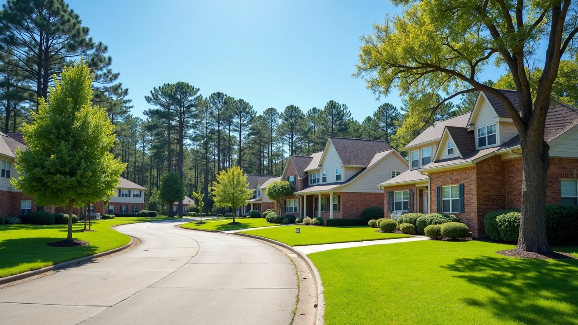 Curving suburban street of two-story brick homes with young oaks and tall pines in the Houston suburbs