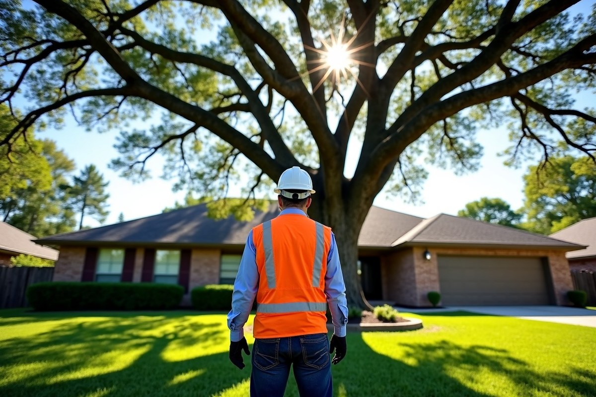 Arborist checking the trunk of a big live oak in a Houston front yard