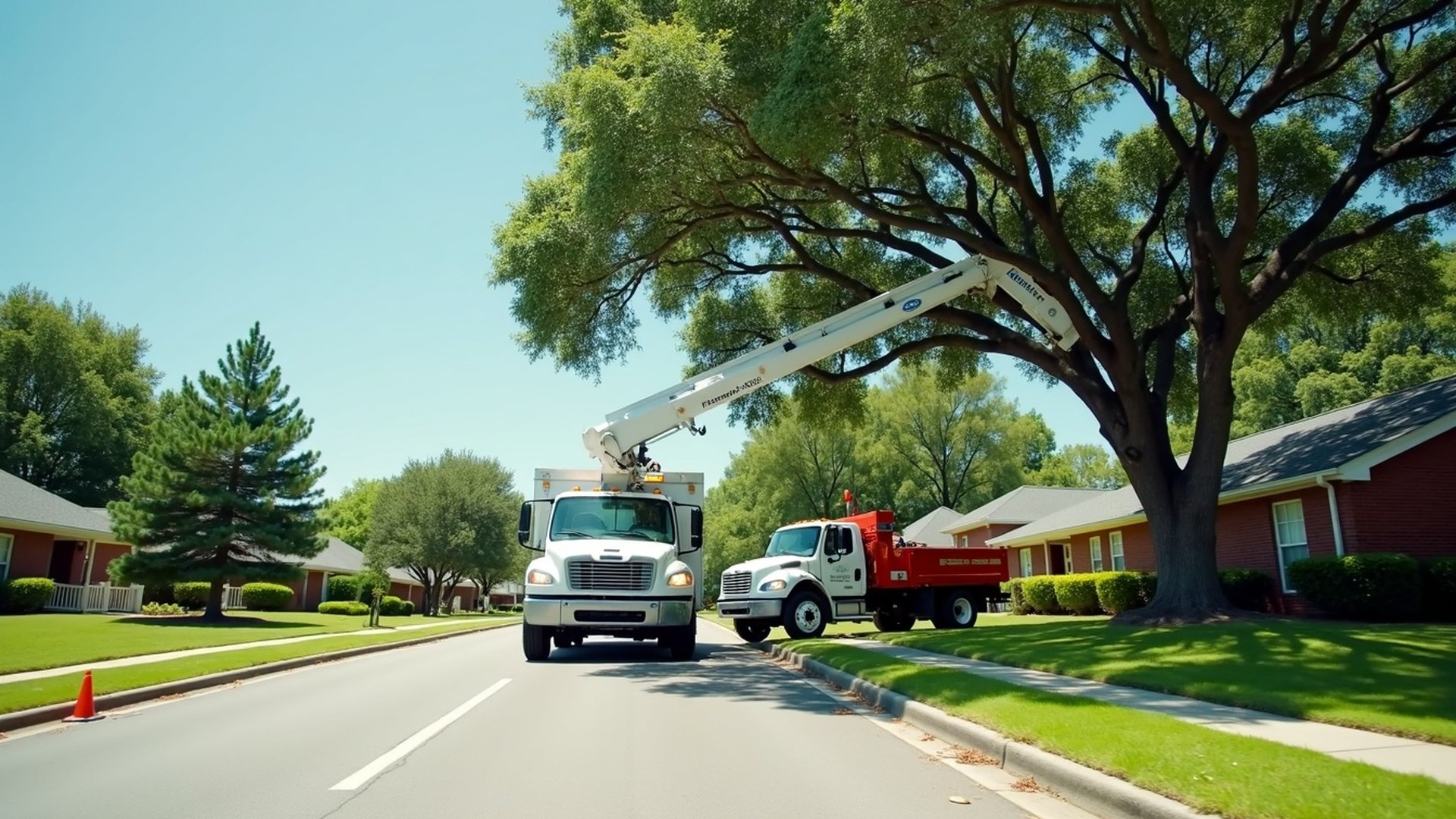 Bucket truck and chipper working on a large live oak beside a brick home on a Houston residential street