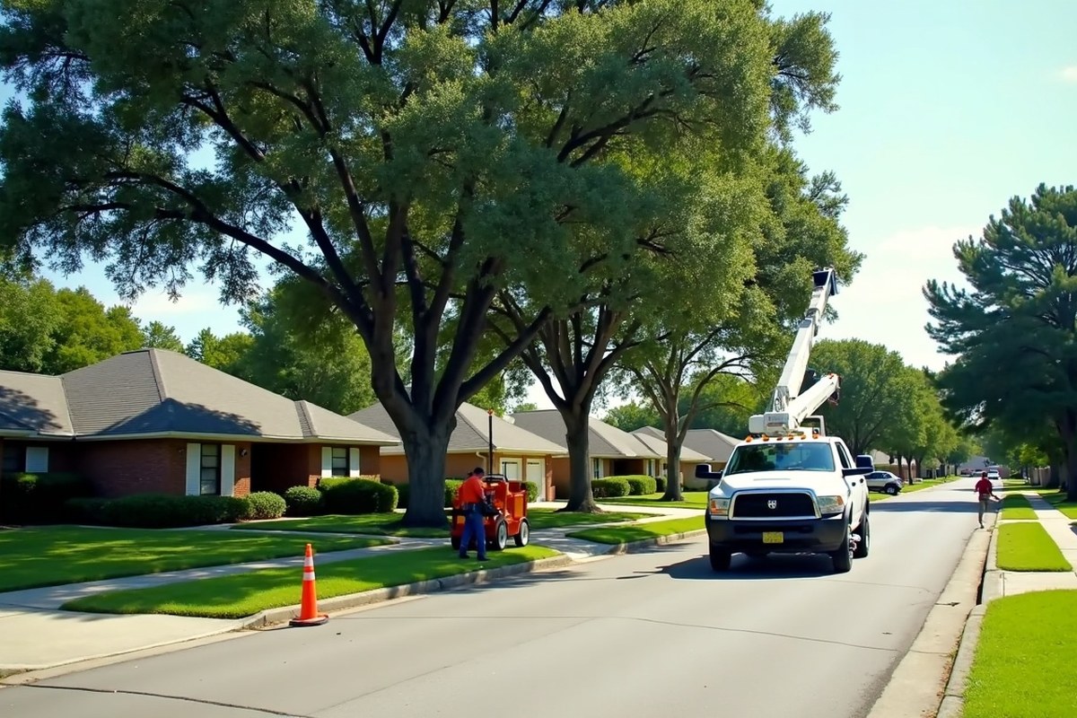 Tree crew feeding cut branches into a chipper at the curb in a Houston neighborhood