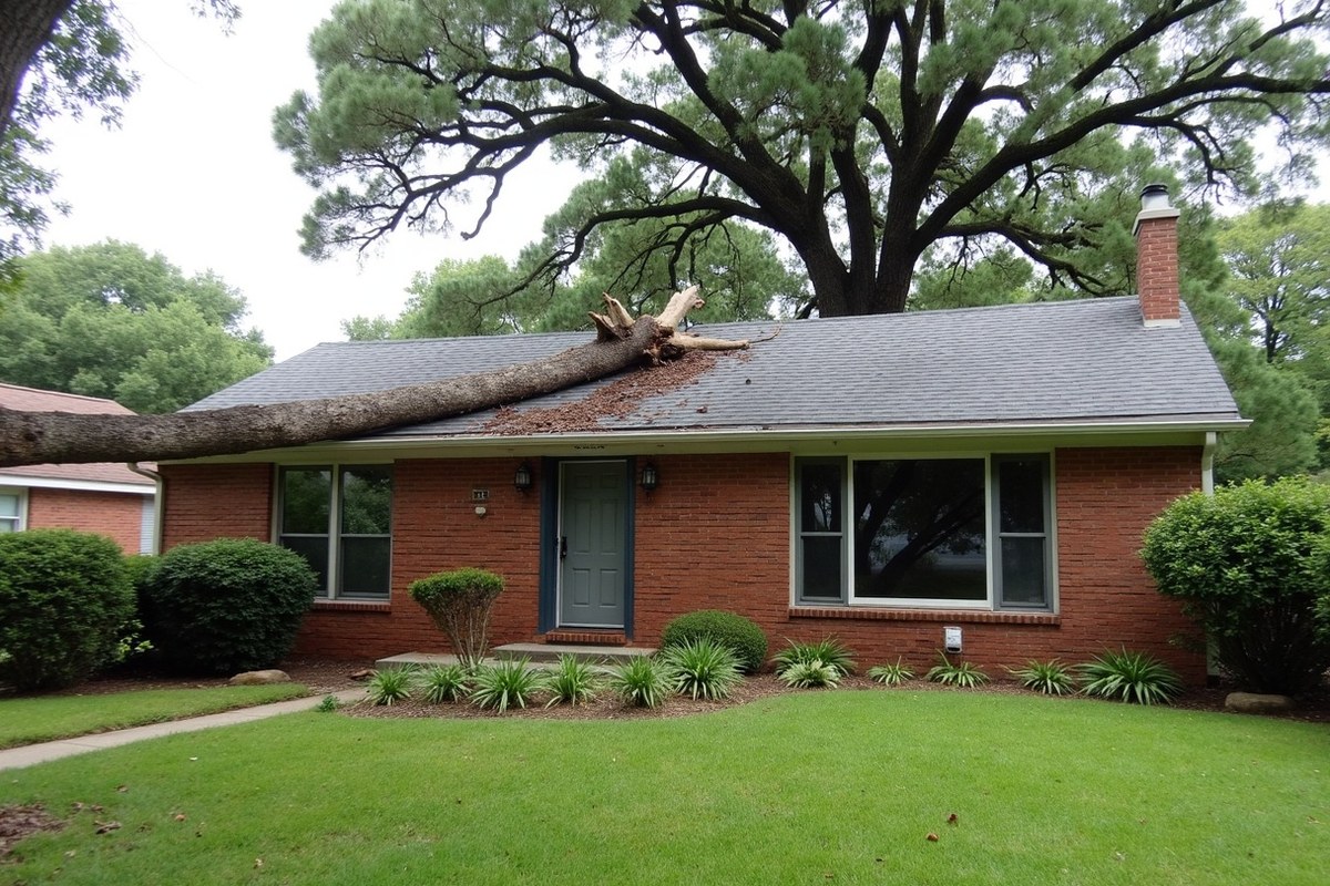Large broken oak limb resting on the roof of a brick Houston home after a storm