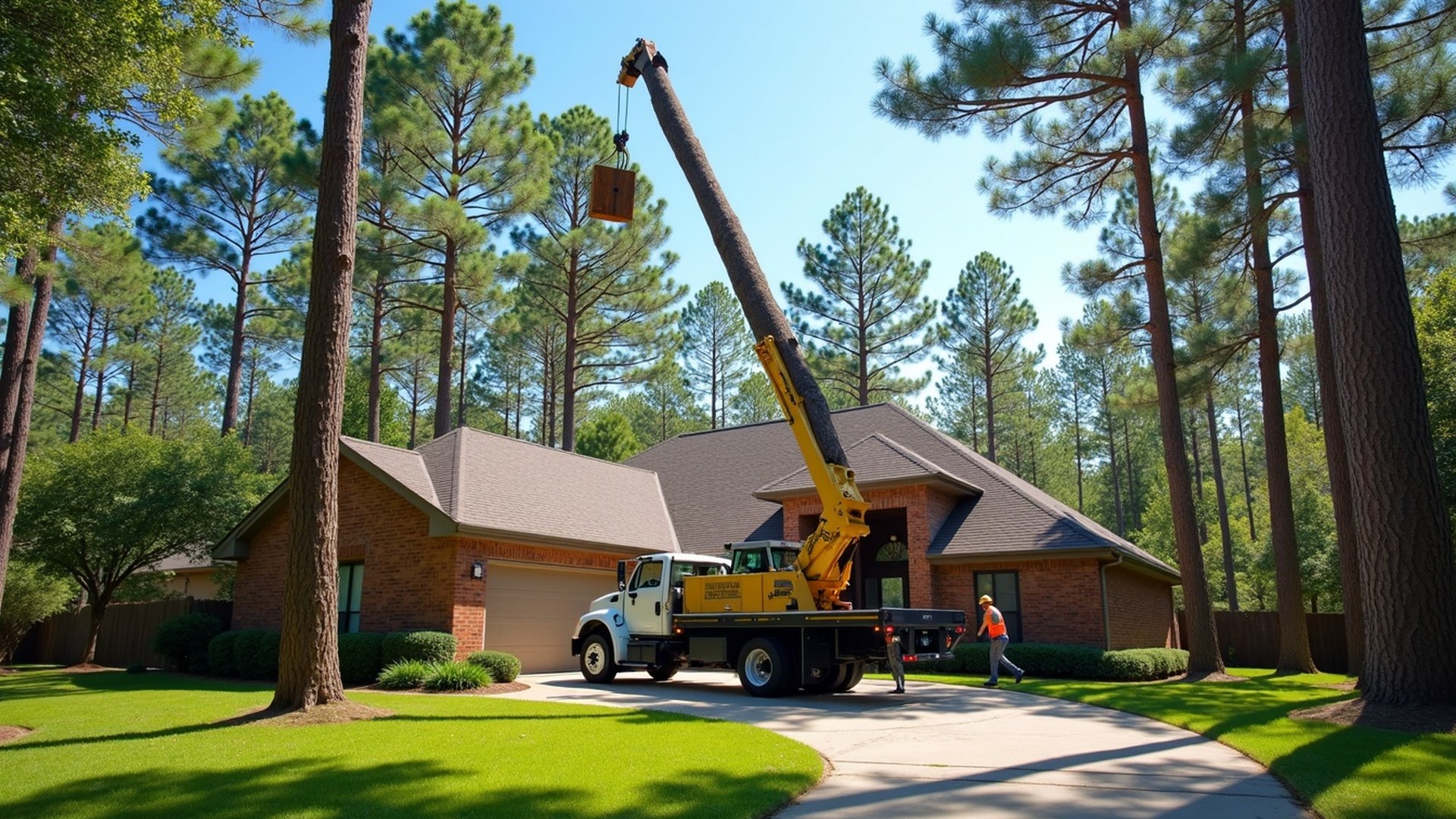 Crane lifting a section of a tall pine trunk away from a two-story home in Spring, Texas