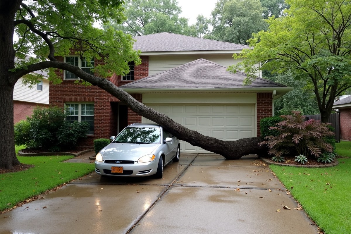 Fallen pine lying across the garage roof of a two-story home in a Spring, Texas subdivision after a hurricane