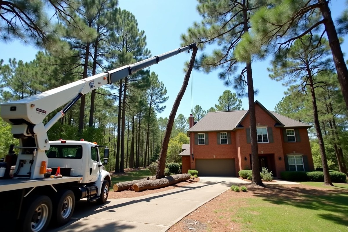 Tree crew lowering a section of tall pine between a two-story home and a backyard fence in Spring, Texas