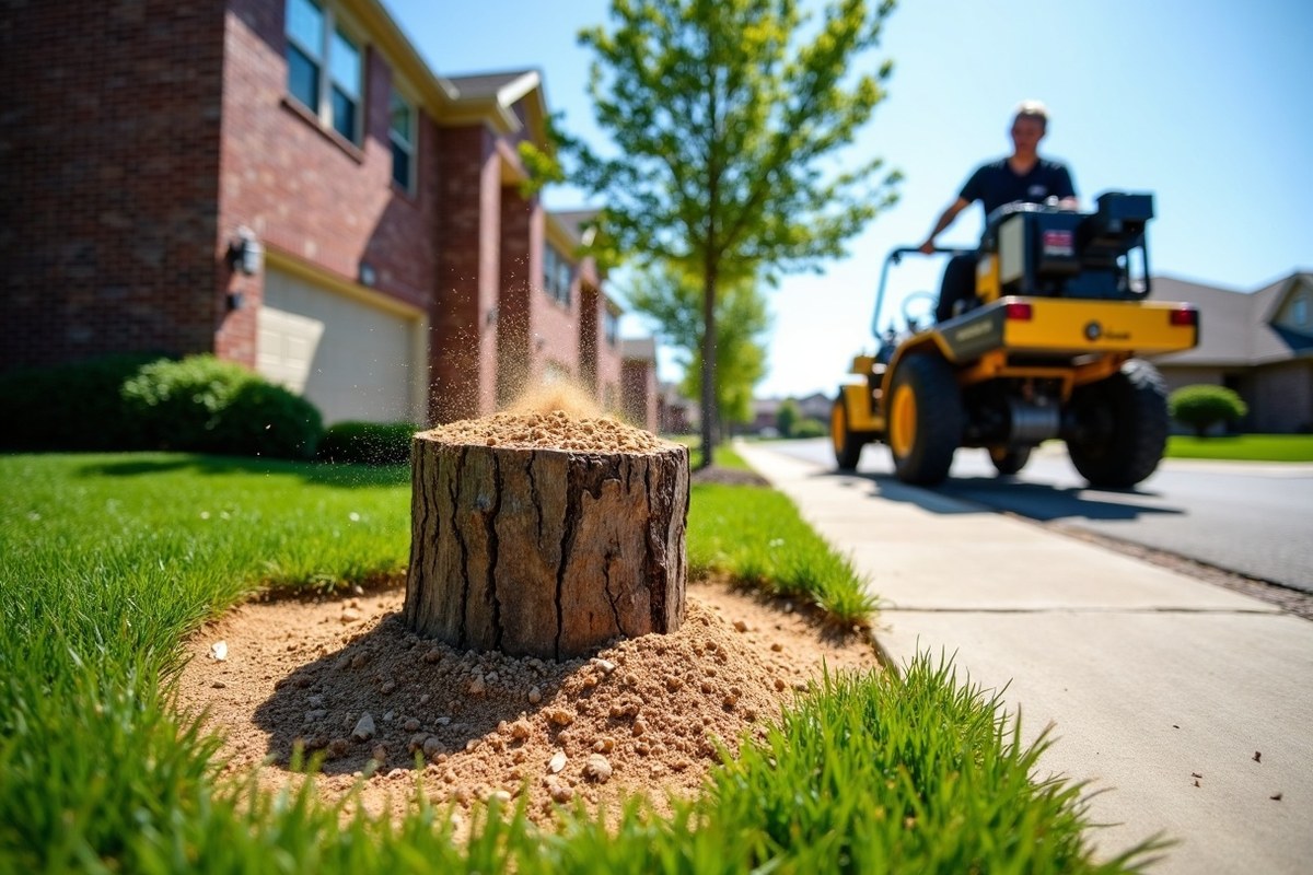 Freshly cut pine stump in the front lawn of a Spring, Texas home after a tree removal