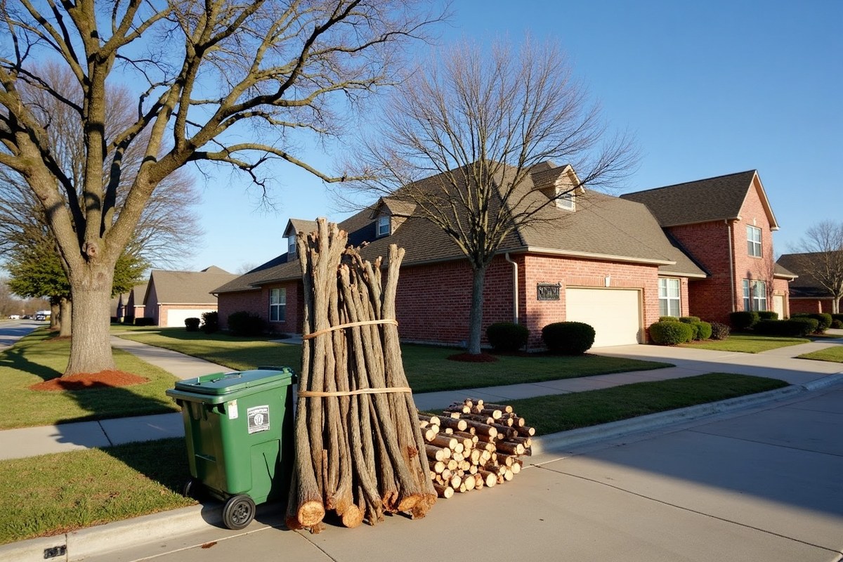 Bundled pine and oak limbs stacked neatly at the curb of a Spring, Texas home on trash day