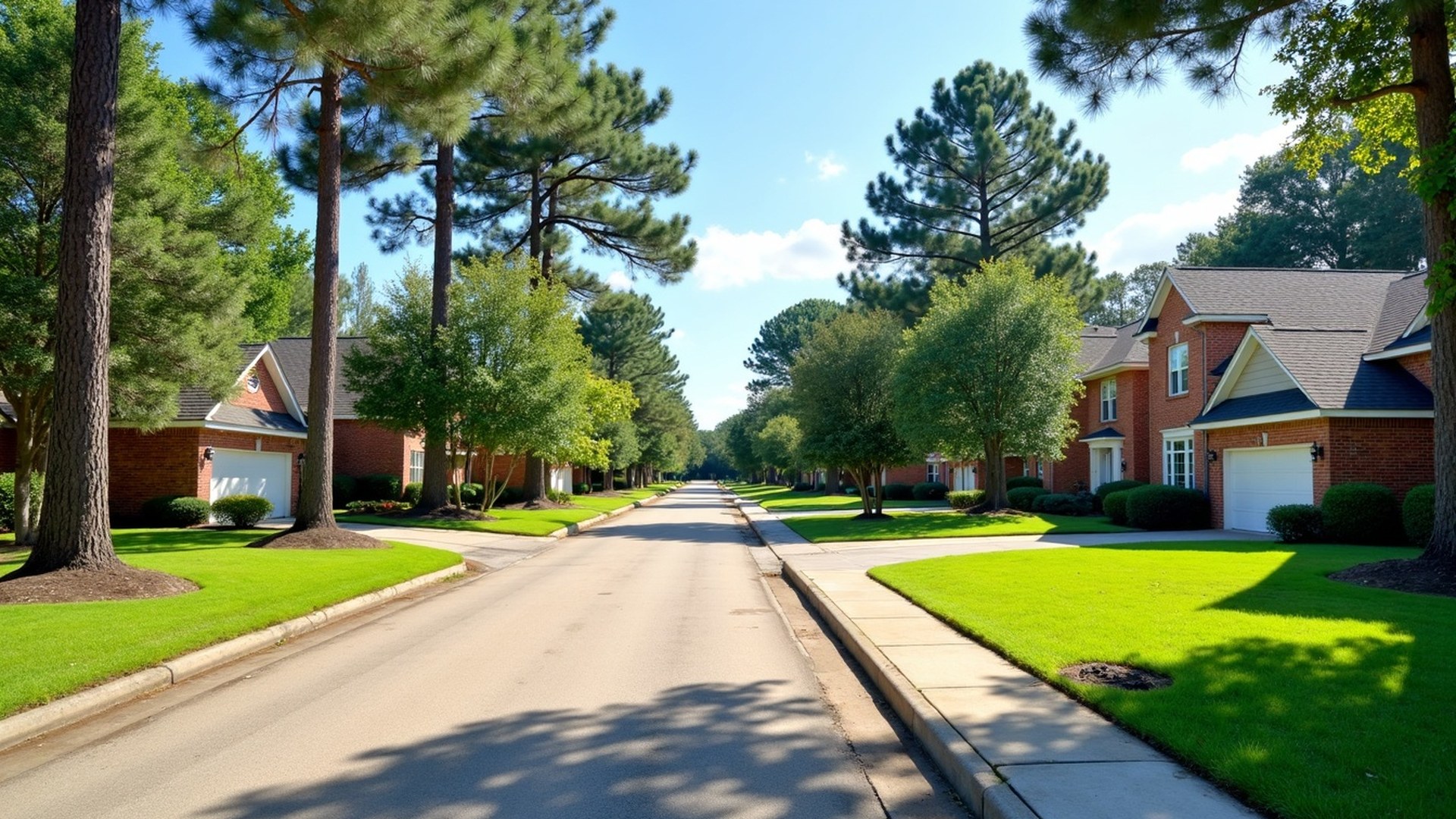 Tall loblolly pines and water oaks over two-story brick homes on a quiet street in Spring, Texas