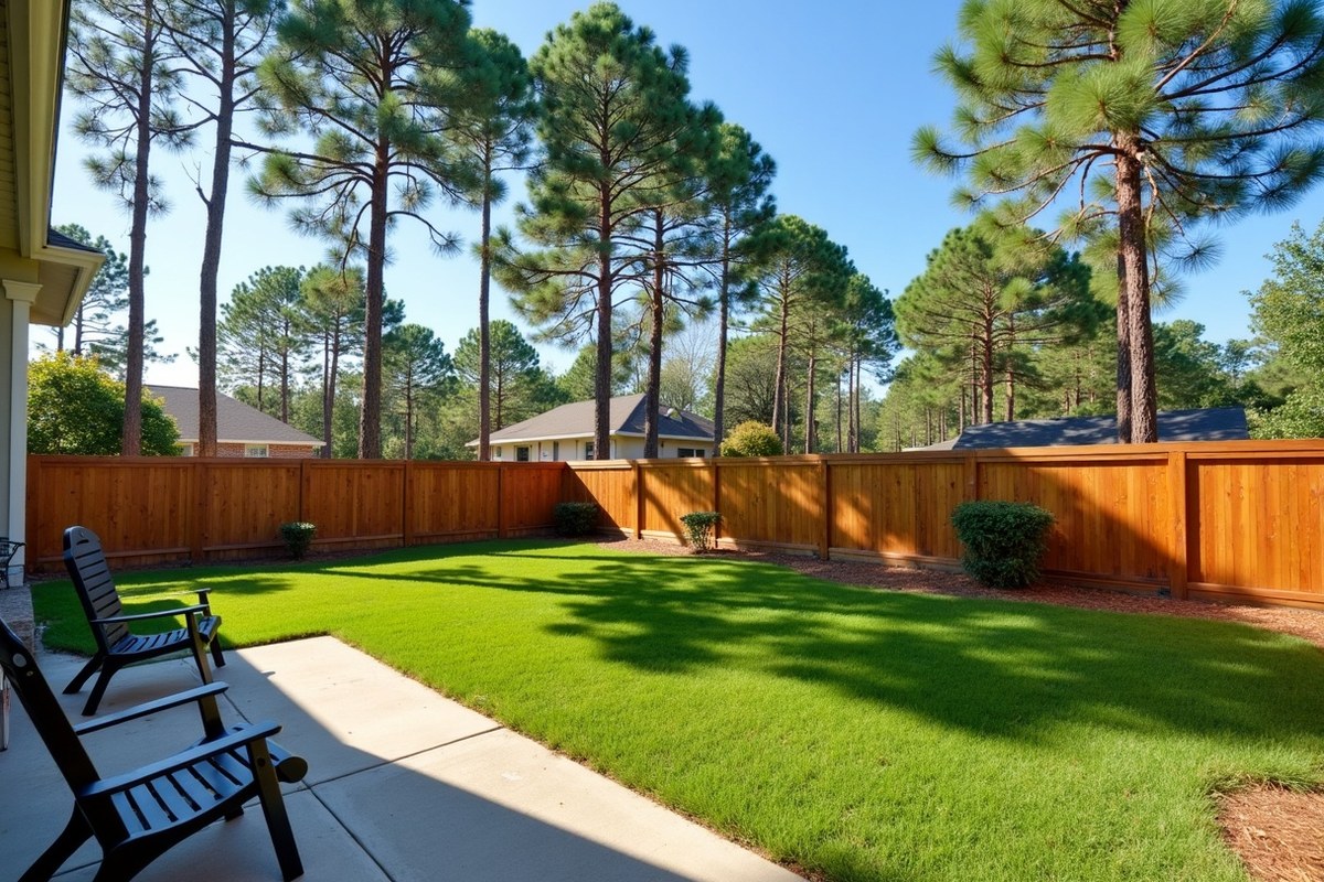 Back yard of a two-story Spring, Texas home with tall loblolly pines and a water oak behind a cedar fence