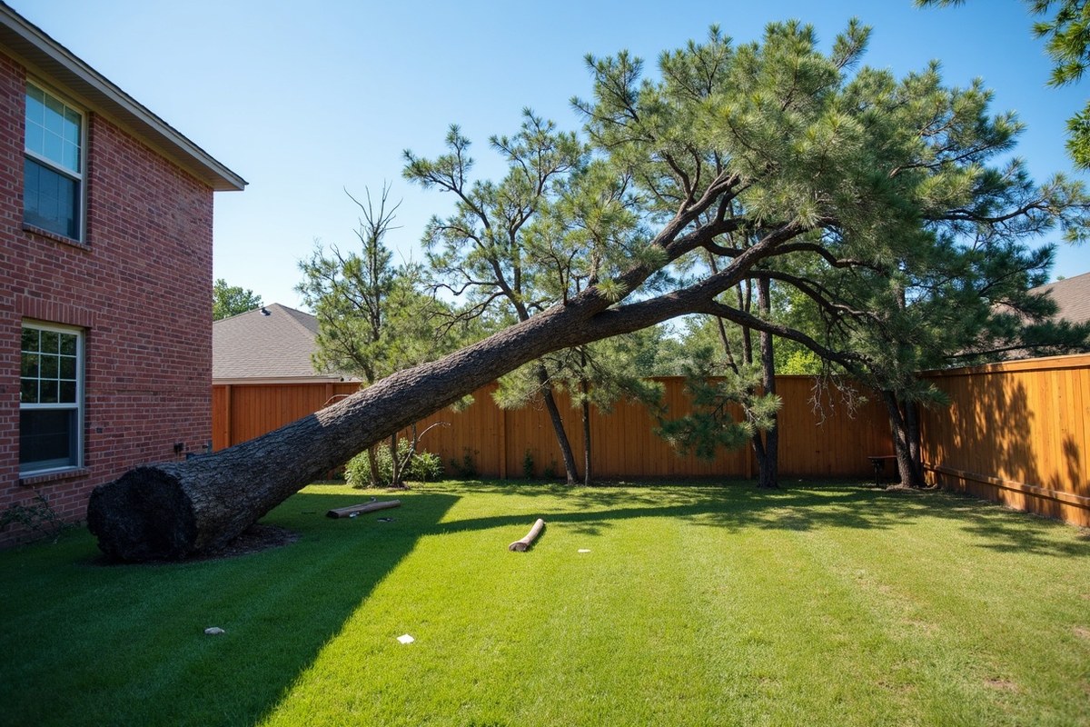 Storm-snapped pine resting on the roof of a two-story home in Spring, Texas, with a blue tarp nearby