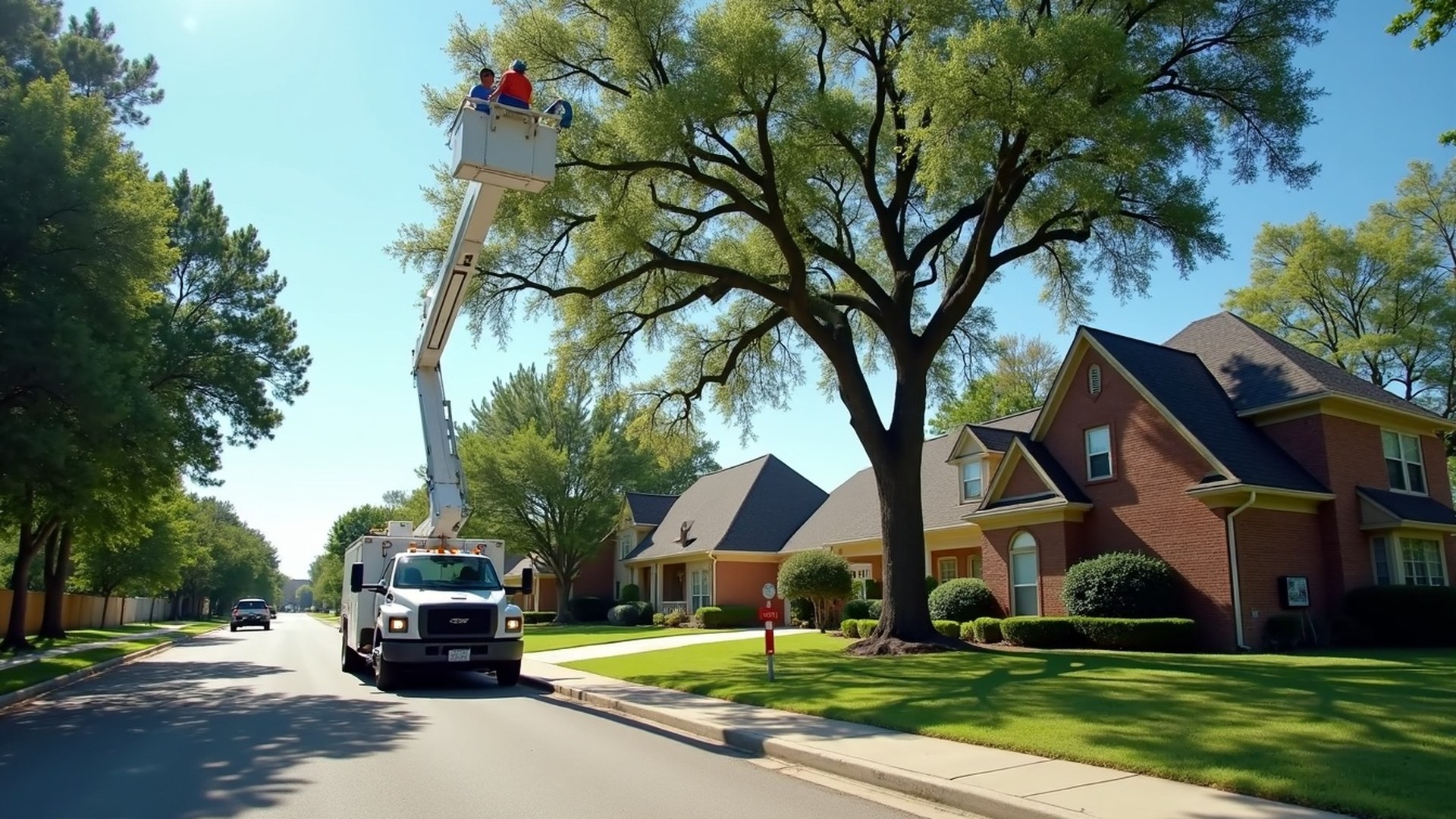 Bucket truck raising a trimmer into a water oak over the roof of a two-story home in Spring, Texas