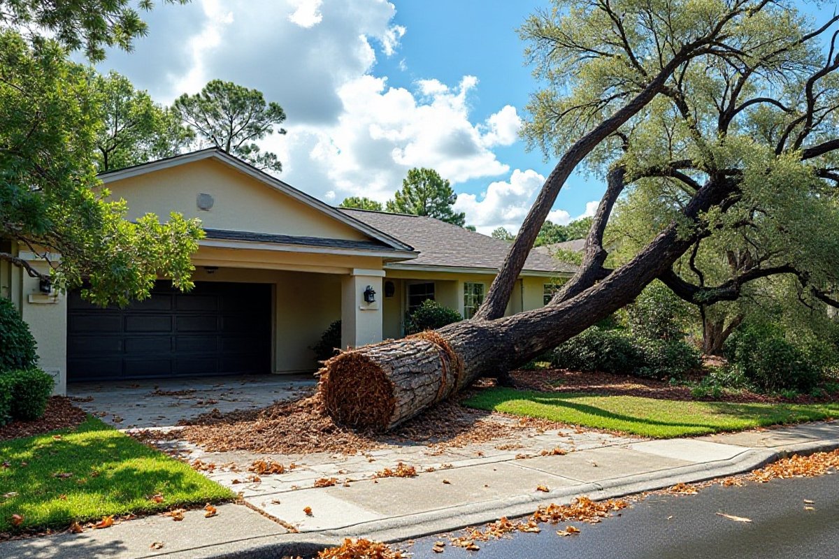 Large oak blown down across a driveway in front of a garage after a storm