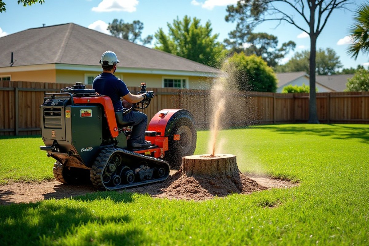 Tracked stump grinder working a stump beside a wood fence