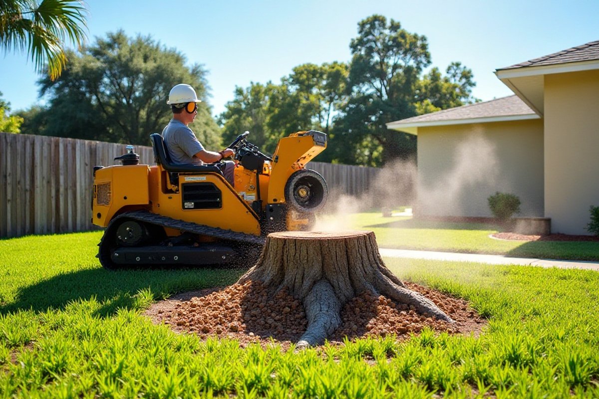 Stump grinder cutting a tree stump down in a lawn