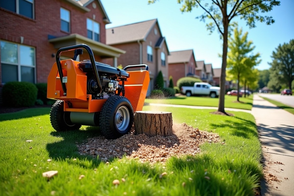 Freshly ground stump hole in a Houston lawn with wood chips piled beside it