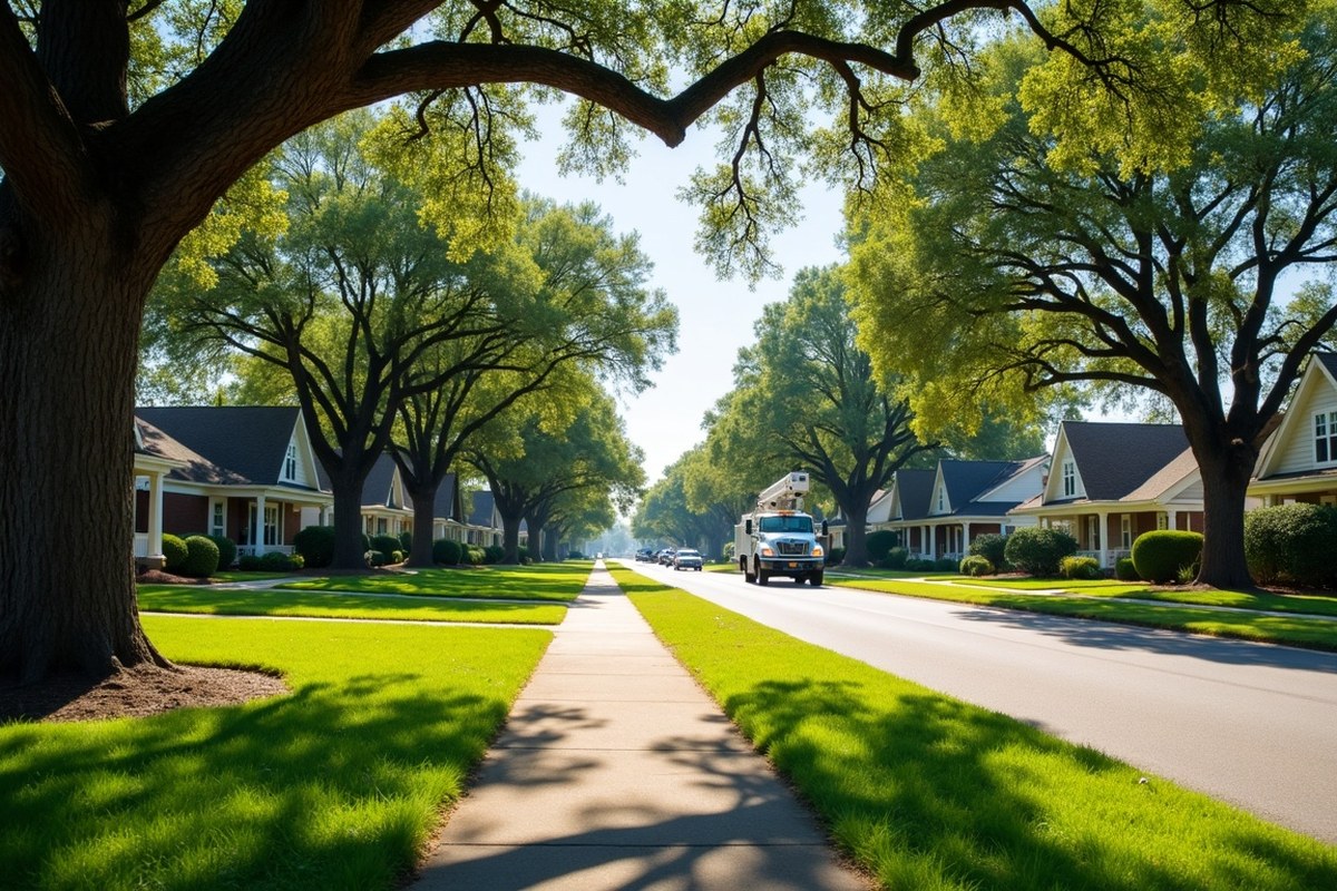 Mature oaks shading the front lawns of brick homes in a Sugar Land HOA neighborhood