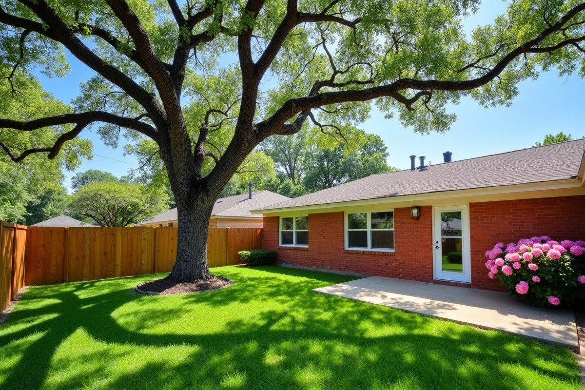 Tall pecan tree over the back yard and wood fence of a Sugar Land home