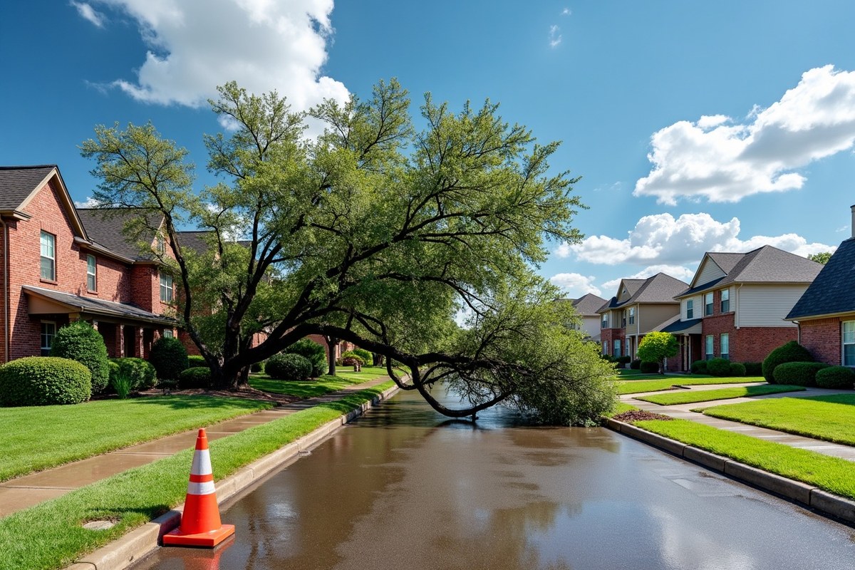 Storm-broken oak limbs piled along the curb of a Sugar Land street after a hurricane