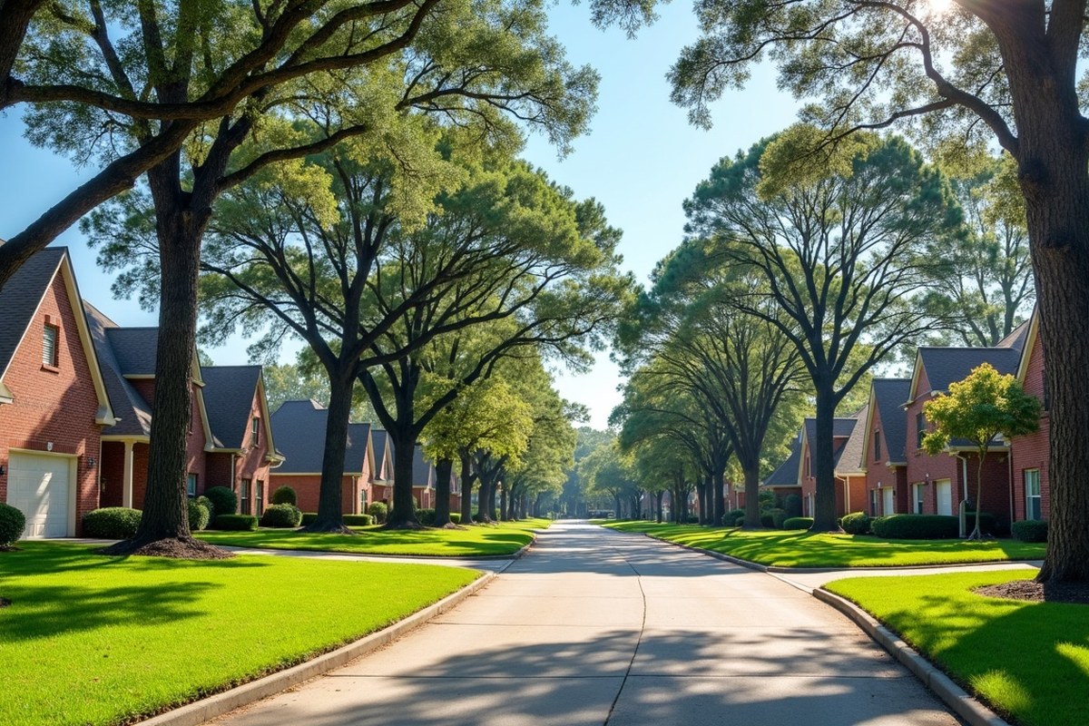 Row of trimmed live oaks over a sidewalk and street in a Sugar Land neighborhood