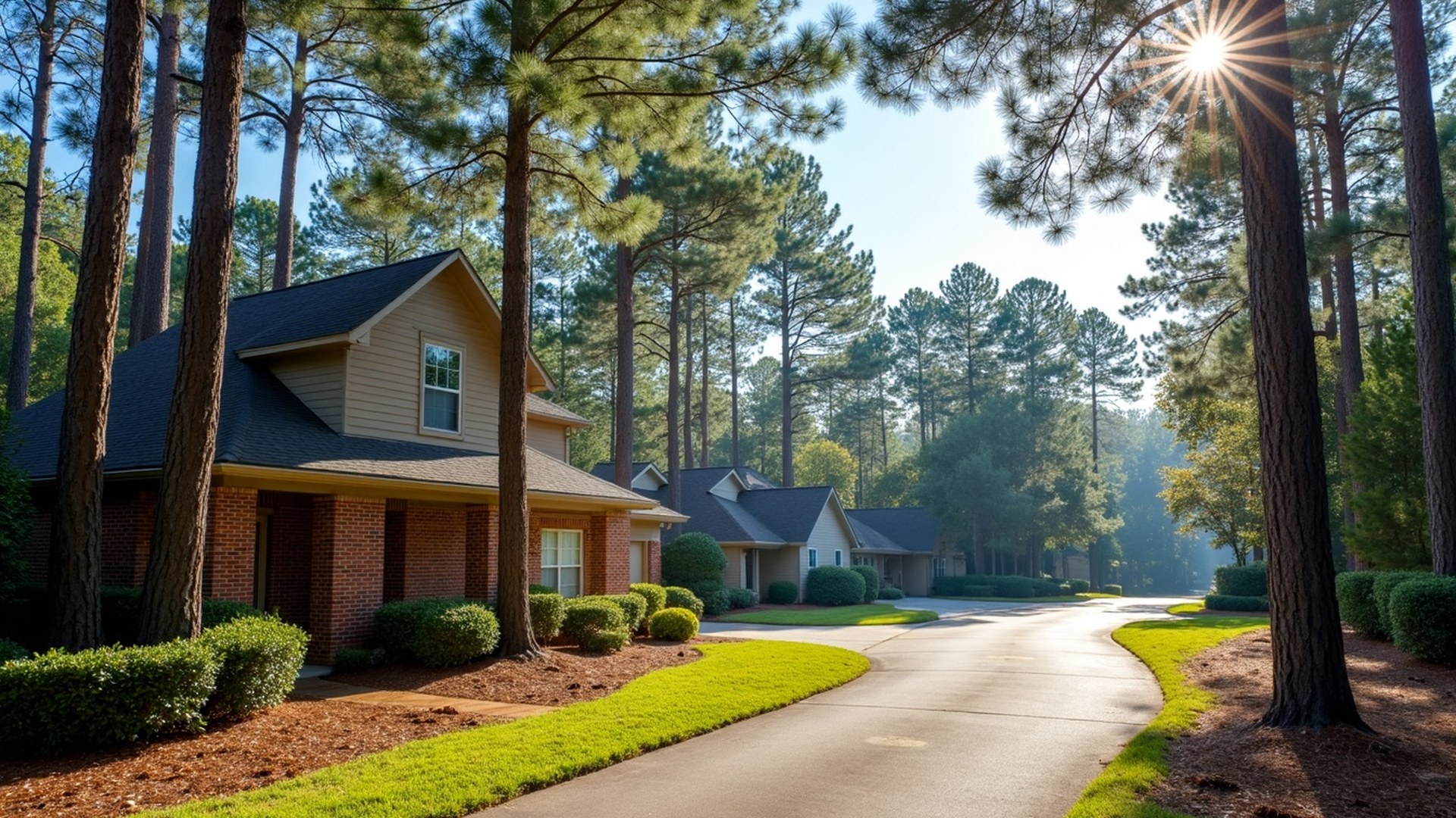 Two-story brick home set back among tall loblolly pines and oaks on a quiet street in The Woodlands