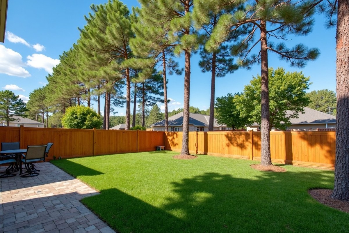 Back yard fence of a Woodlands home with a dense reserve of pines and hardwoods behind it