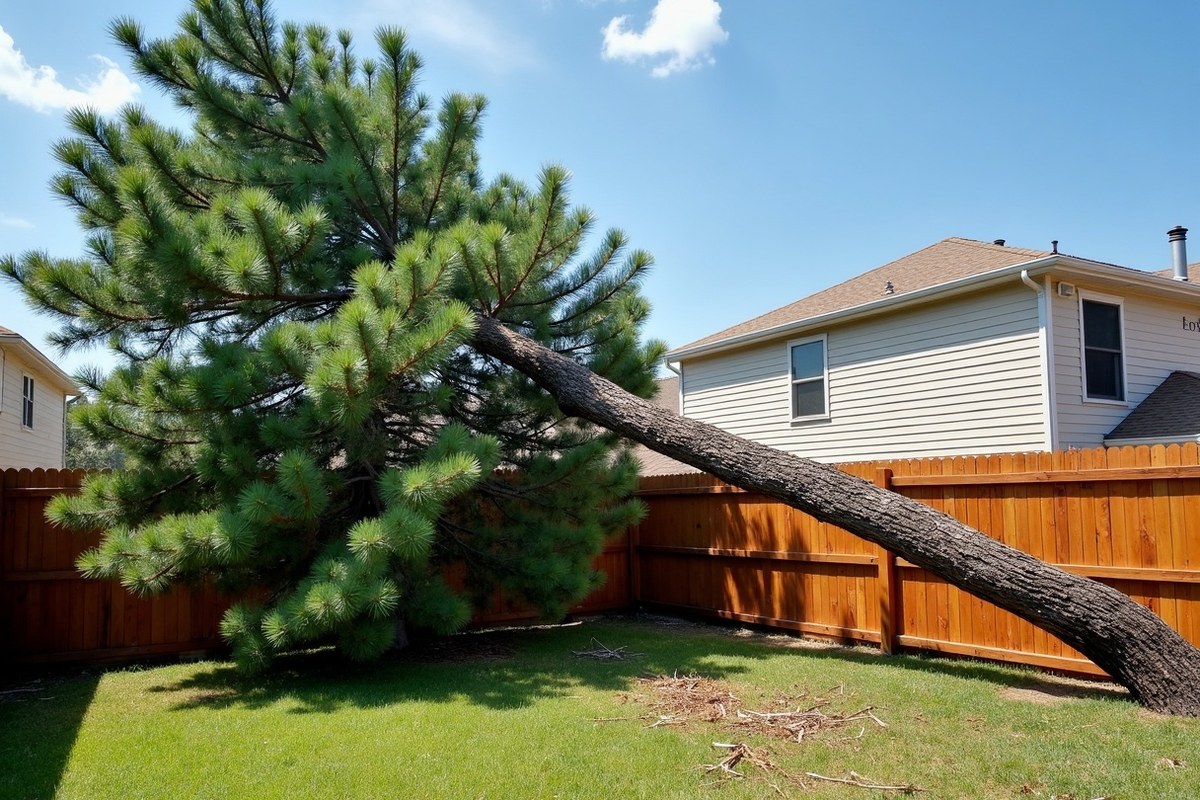 Storm-broken pine lying across a lawn in front of a wooded Woodlands home