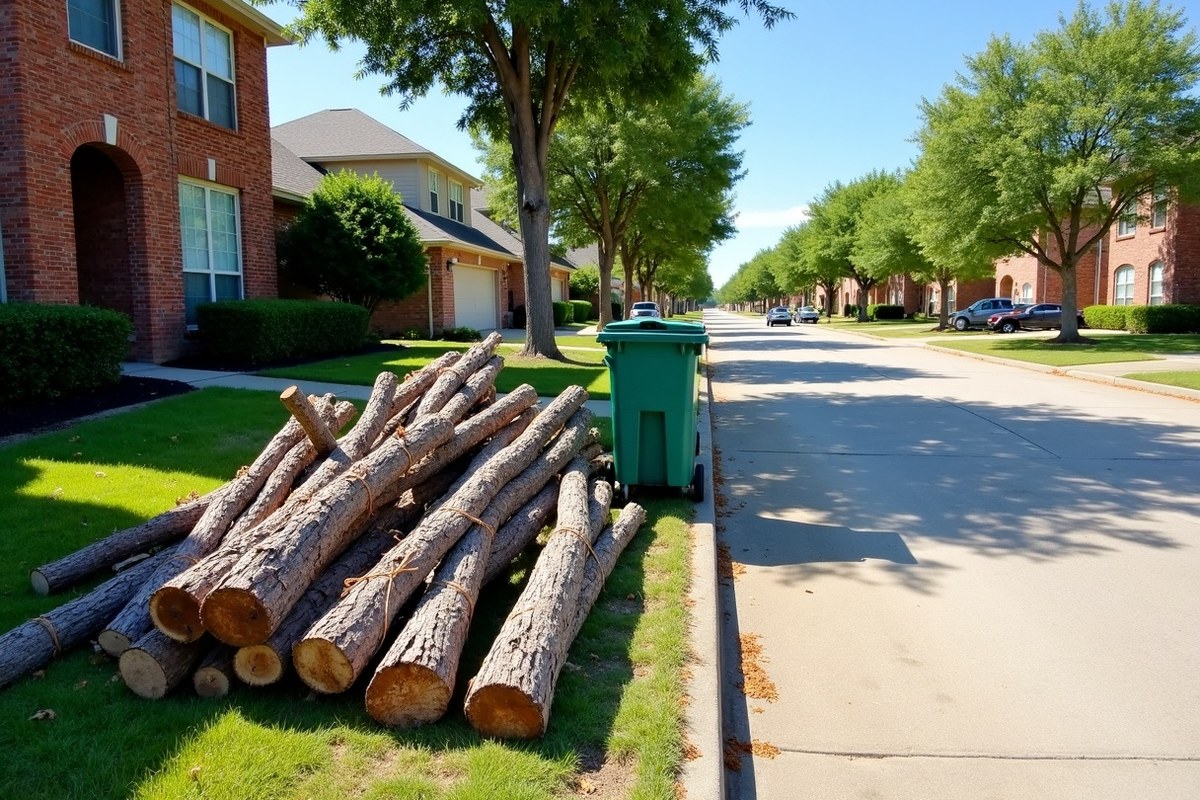 Long tree limbs laid in one direction at the curb for spring chipping in Tomball, Texas