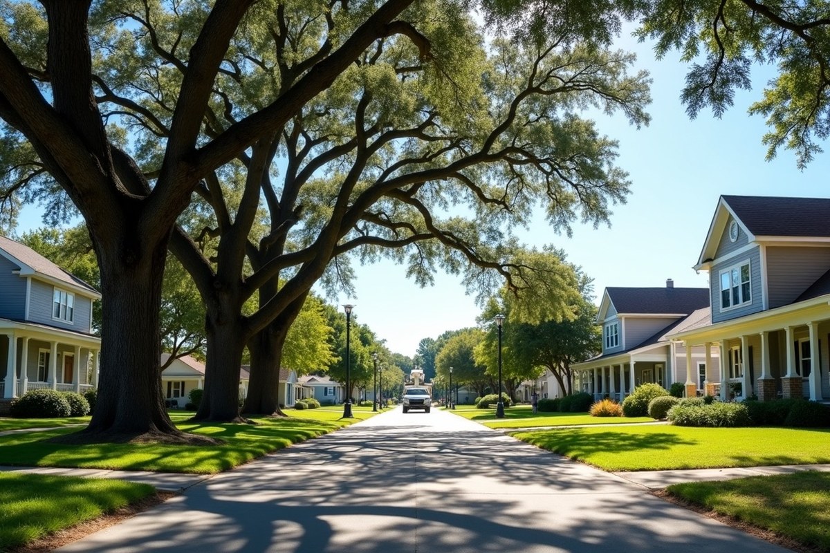 Mature oaks shading older one-story homes on a street near downtown Tomball, Texas