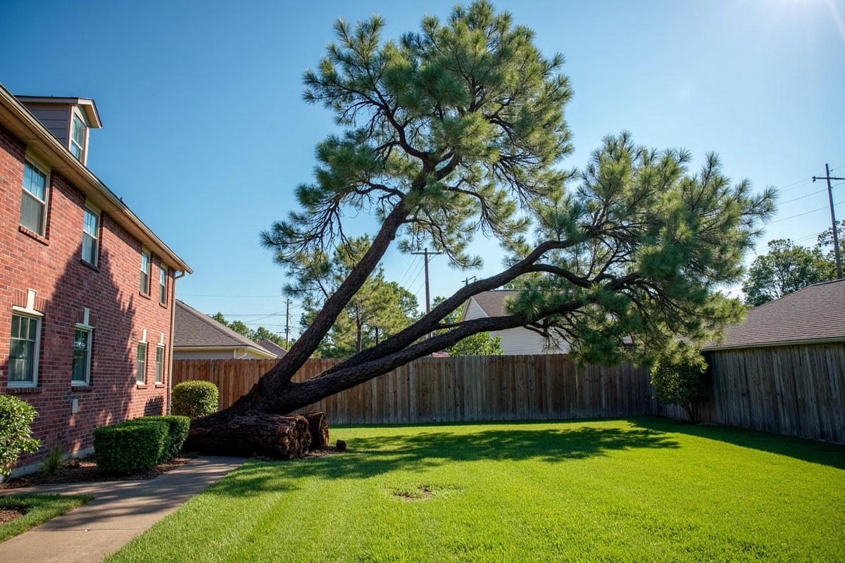 Uprooted pine lying across a back yard after a windstorm in Tomball, Texas