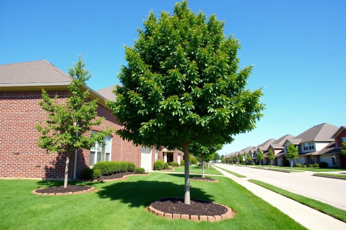 Young shade tree with one straight central trunk and evenly spaced branches in a Houston front yard