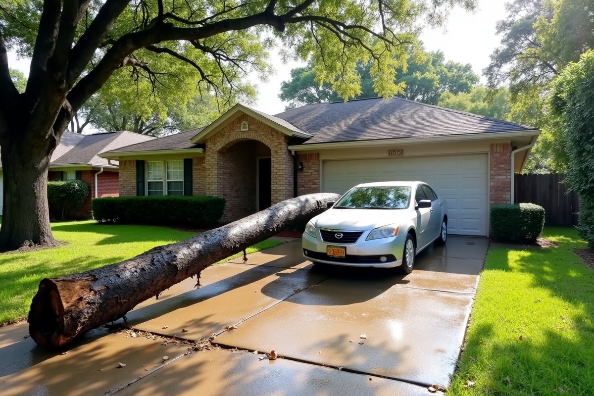 Water oak fallen across the driveway of a one-story brick Houston home after a storm