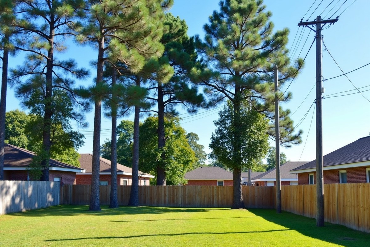 Tall pine leaning toward overhead power lines behind a Houston backyard fence