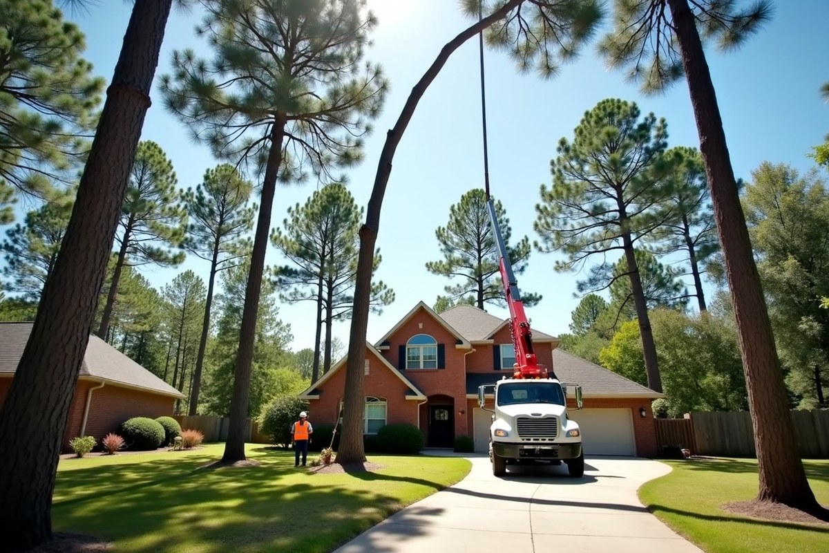 Crew lowering a cut pine section on a rope beside a two-story Houston home