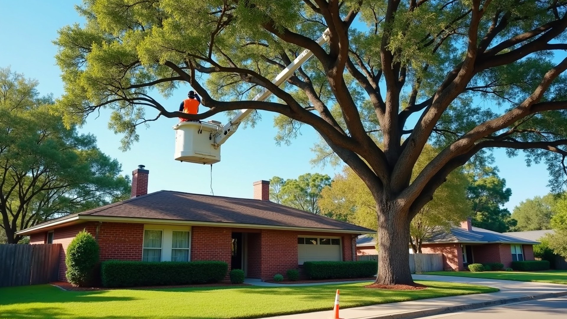 Tree trimmer in a bucket truck cutting live oak limbs back from the roof of a brick Houston home