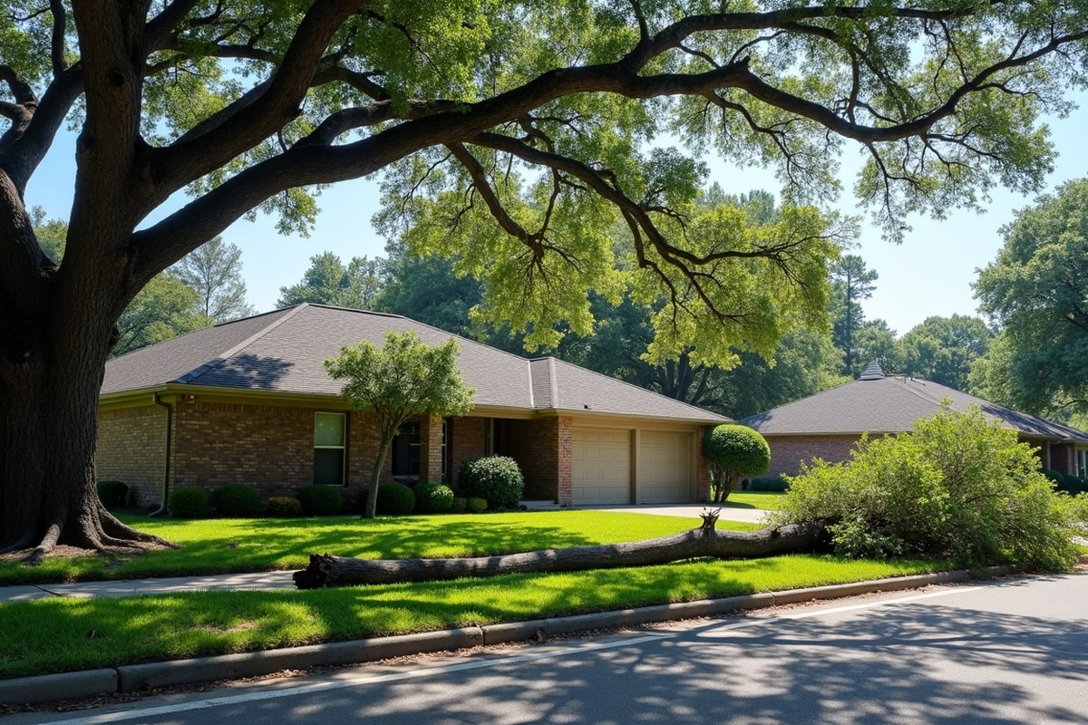 Live oak limbs reaching across the shingle roof of a one-story brick home in Houston