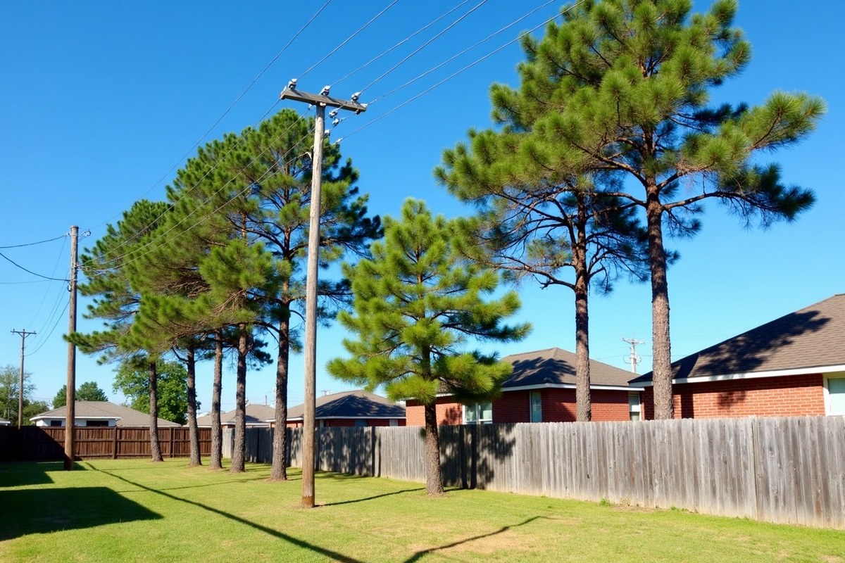 Oak branches growing around the electric service wire running from a pole to a Houston home