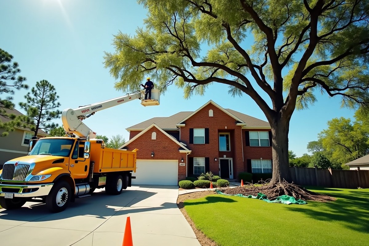 Chipper truck at the curb beside piles of freshly trimmed oak branches on a Houston street