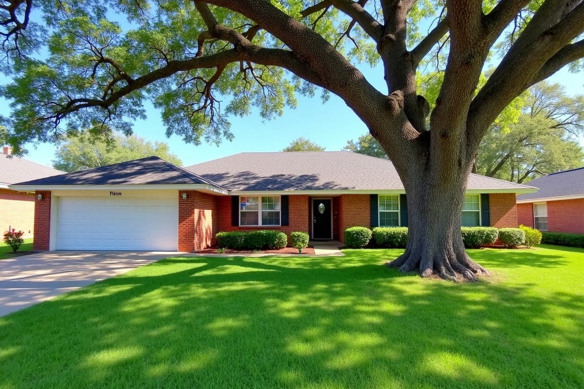 Heavy live oak limbs spreading over the shingle roof of a one-story brick Houston home
