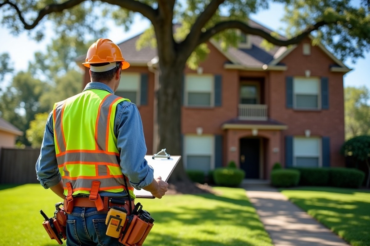 Tree company estimator seen from behind pointing up at oak limbs while walking a Houston front yard with a homeowner