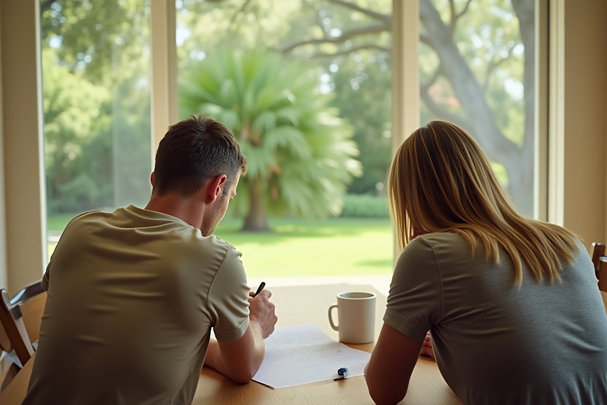 Two people at a kitchen table reading a paper document