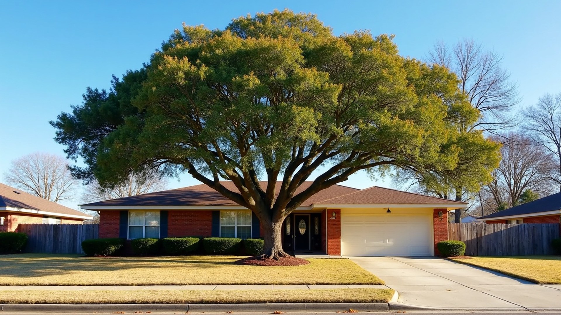 Large live oak in winter light over a one-story brick home in a Houston neighborhood