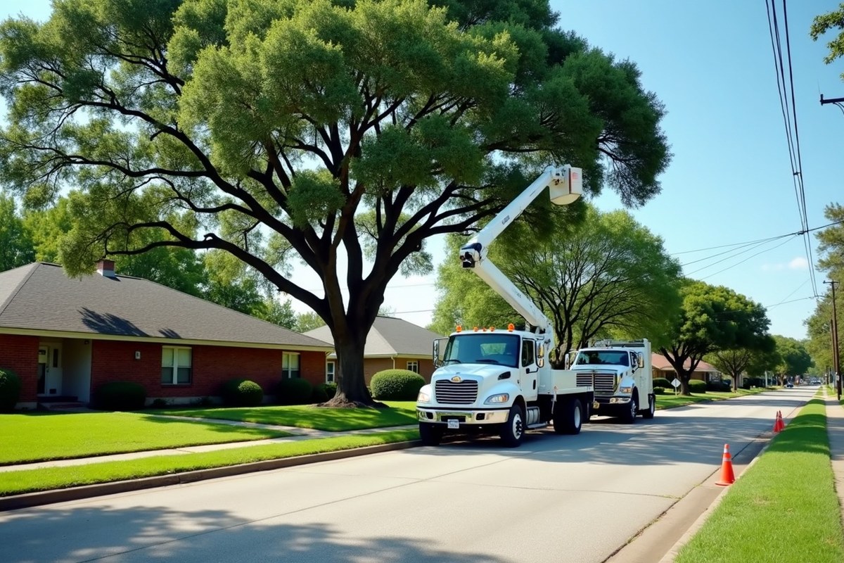 Oak limbs growing toward overhead power lines along a residential street in Houston